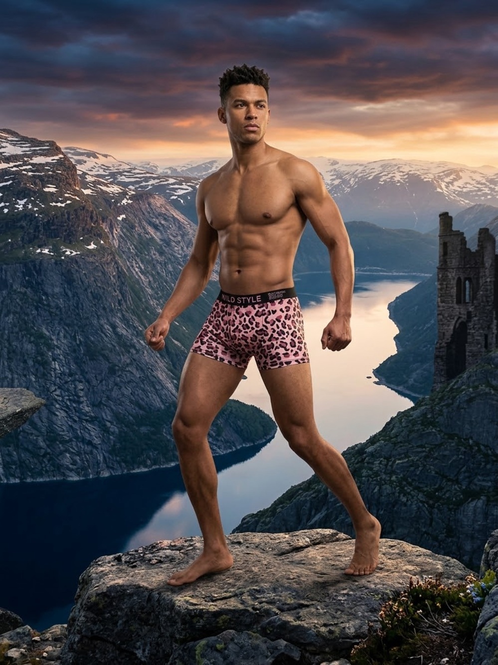 Men's Pink Leopard Print Boxer Briefs with Black Waistband